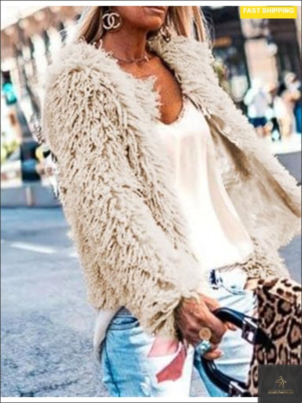 Faux Fur Cropped Jacket Long Sleeve Shaggy Warm Outerwear Lightweight - Picture 4 of 6